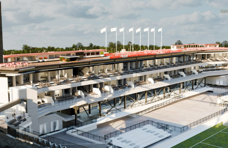 Rendering of the North patio of Toronto Stadium at Exhibition Place under a cloudy sky