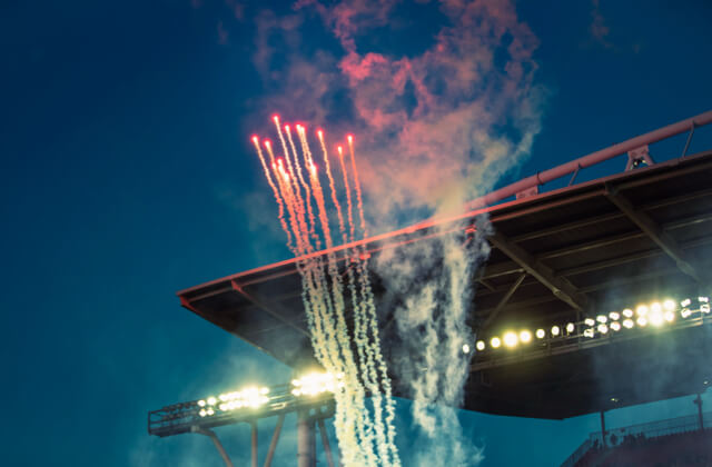 Night-time fireworks celebrating a win at Toronto Stadium at Exhibition Place